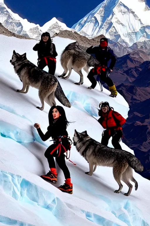 Prompt: kylie jenner mountain climbing on everest with wolves