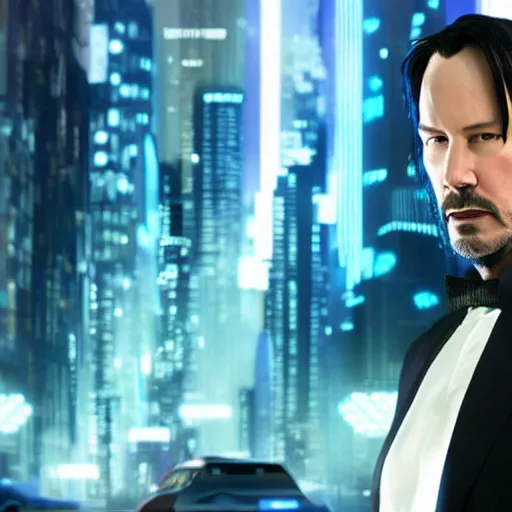 Prompt: keanu reeves in vaporware city wearing a tron legacy suit, front face, highly detail. octane render