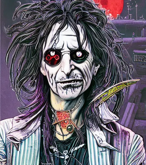 Image similar to a cyberpunk Alice Cooper detailed illustration, character portrait, by Martin Grip and Moebius