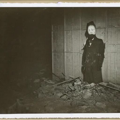 Image similar to a cabinet photo of a scary Zombie lurking at a dark corner of a demolished building at night on the 1800s