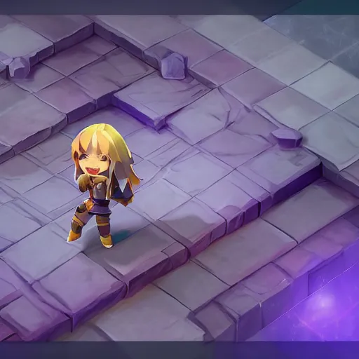 Prompt: arcane style, low poly, high resolution textures, hide geometry, smooth shadows, isometric view, 1 6 bit colors, made in rpg maker, chibi girl, volumetric lighting, fantasy, hyper realistic, by riot games artist, from league of legends, a netflix movie, backlit