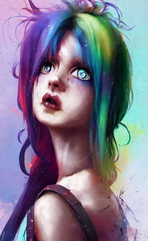 Prompt: a cute grungy alternative woman with rainbow hair, drunk, angry, soft eyes and narrow chin, dainty figure, long hair straight down, torn overalls, short shorts, combat boots, basic white background, side boob, symmetrical, single person, style of by Jordan Grimmer and greg rutkowski, crisp lines and color,