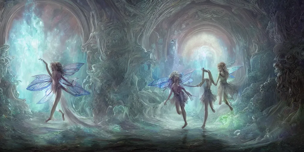 Image similar to concept art of translucent glowing fairies dancing, lovecraftian, renaissance, melting, round moon, rich clouds, fighting the horrors of the unknown, very detailed, volumetric light, mist, fine art, decaying, textured oil over canvas, epic fantasy art, very colorful, ornate intricate scales