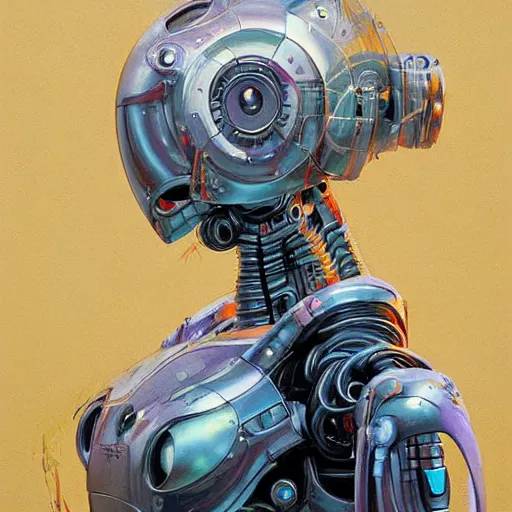 Image similar to a simple concept art portrait of a robot. an award winning yoshitaka amano digital art poster color painting. a masterpiece by james gurney. poster colour on canvas.