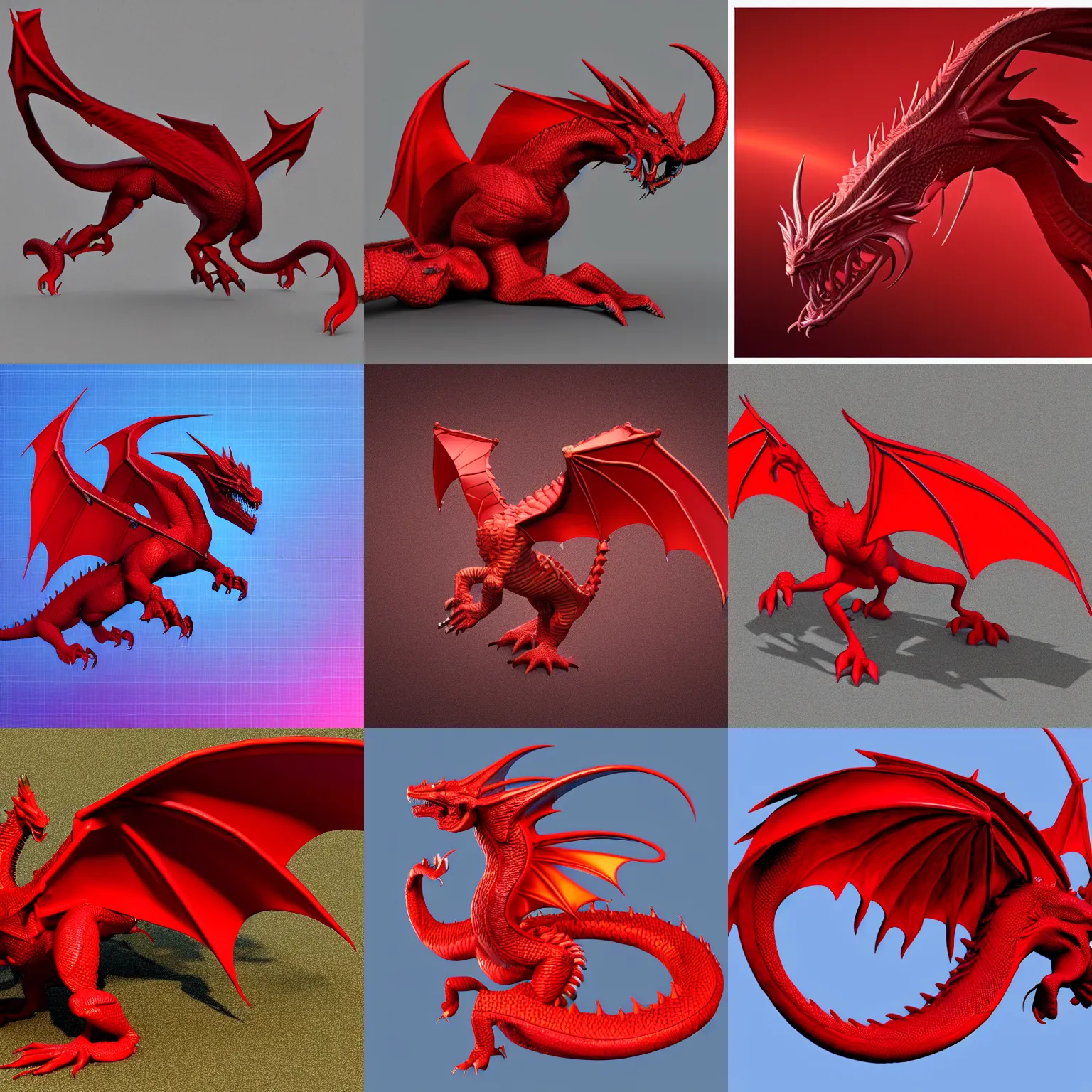 Prompt: 3D render of a red dragon, isometric view, diffuse lighting, centered