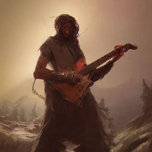 Prompt: v - form guitar in hand of man by greg rutkowski