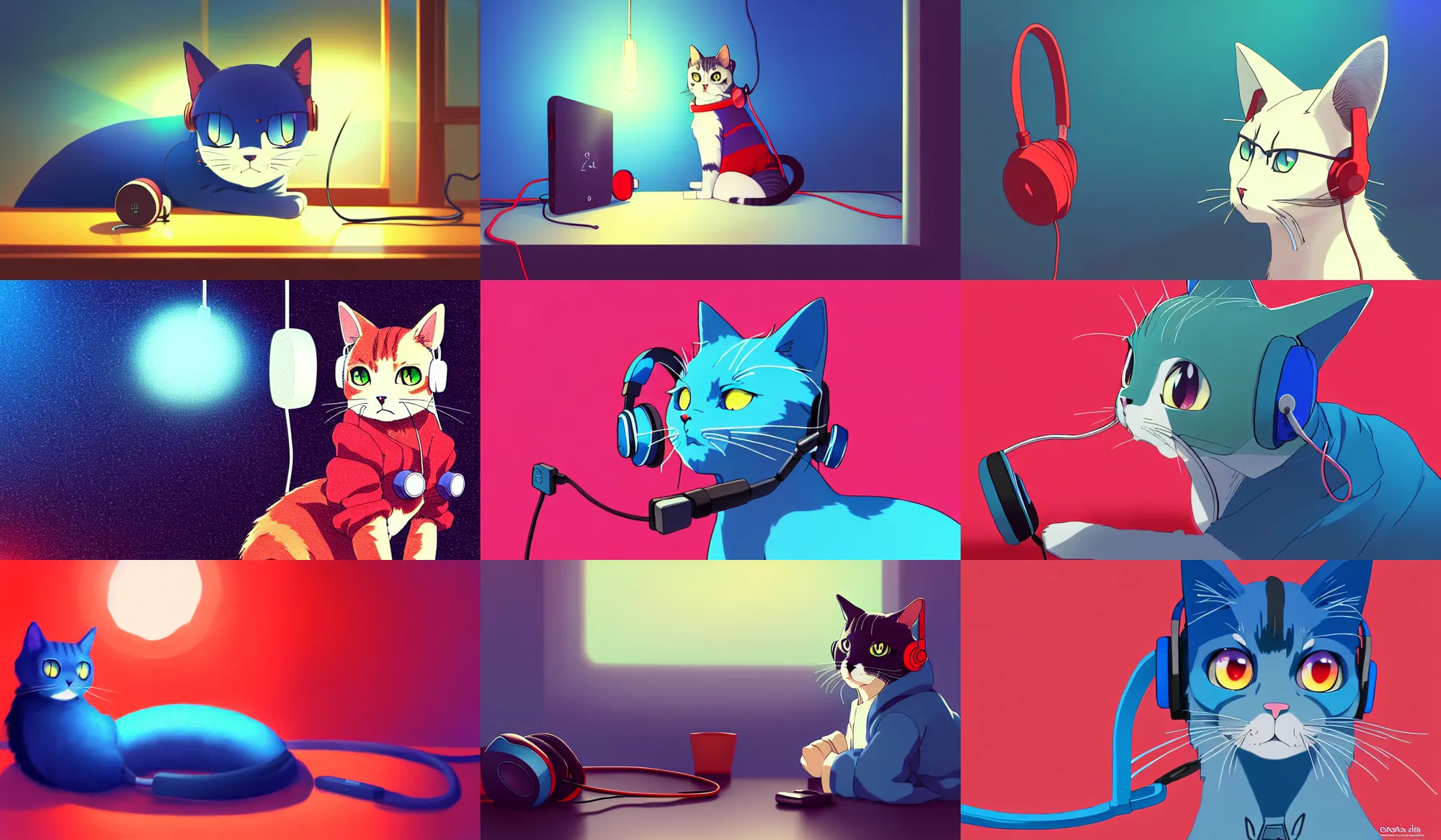 Prompt: realistic anime cat, wearing a blue cardigan and red aesthetic lo - fi headphones, view from side, studying in a brightly lit room, a lamp hovers above as it illuminates the room, perfectly symmetrically weared headphones, nighttime, cgsociety contest winner, artstation, golden ratio, dim lighting, studio ghibli, 4 k