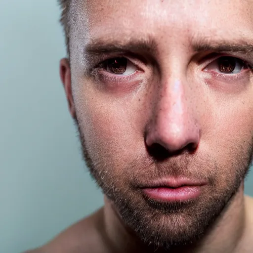 Prompt: close up photograph of a sweaty man who has just woken up to a light shining in his face, fish eye lens