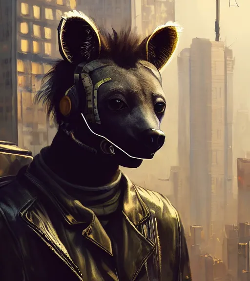 Image similar to new york city portrait of furry anthro anthropomorphic spotted hyena head animal person fursona wearing clothes strange cybernetic shiny metal muzzle gloomy rainy screenshot from the video game cyberpunk 2077 digital art by Greg Rutkowski, Simon Stalenhag, christopher nolan trending on Artstation, CGSociety