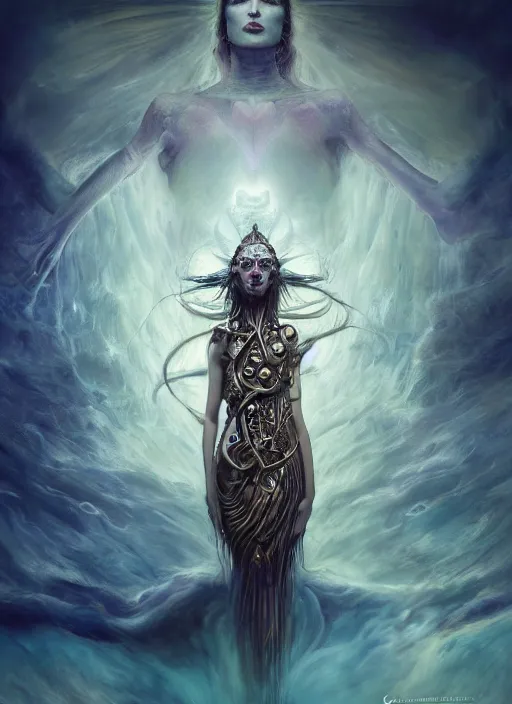 Image similar to epic portrait of menacing and proud yet stunningly beautiful biomechanical djinn overseeing the iridescent fabric of the universe, by charlie bowater, mandy jurgens, gustav klimt, octane render, dramatic camera angle, 4k, 8k, high detail, HDR, by tom bagshaw, powerful, with inspiration from Beksinski, inspired by greek goddess Athena