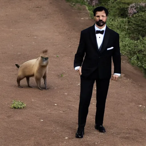 Image similar to an anthro capybara wearing a tuxedo suit, photorealistic, 4K, award-winning