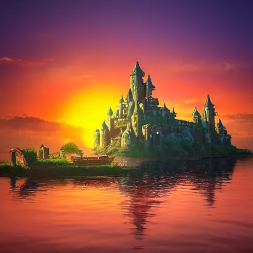 Prompt: an incredible floating castle and a floating boat, at sunset, very details, 8 k, by neil blevins