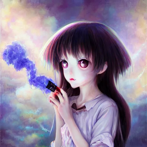 Image similar to big eyed shoggoth anime-girl smoking a cigarette hyperreality painting by amano yoshitaka, lilia alvarado 8k hd hyperdetailed
