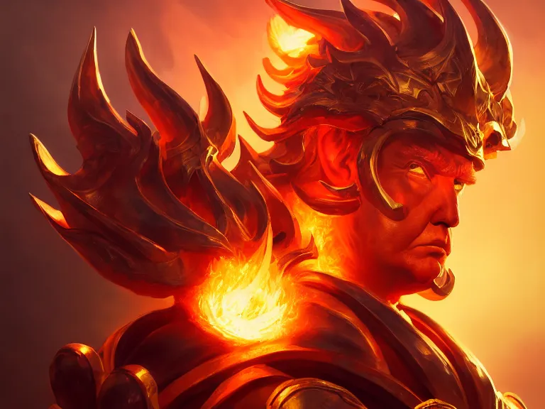 Prompt: portrait of sun emperor donald trump, flaming heavy armor and whip, rule of thirds, orange gradient, photorealistic facial features, league of legends splash art, by chengwei pan, huang guangjian, viktoria gavrilenko, artgerm, greg rutkowski, 8 k, octane, digital painting, artstation