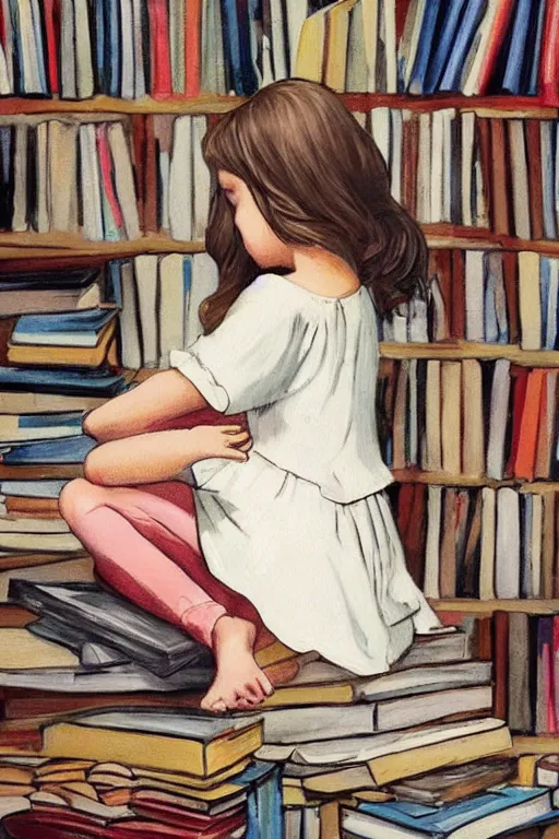 Image similar to a little girl sits cross legged on top of a tall pile of books. she is reading. clean elegant pretty cartoon painting, beautiful detailed face.