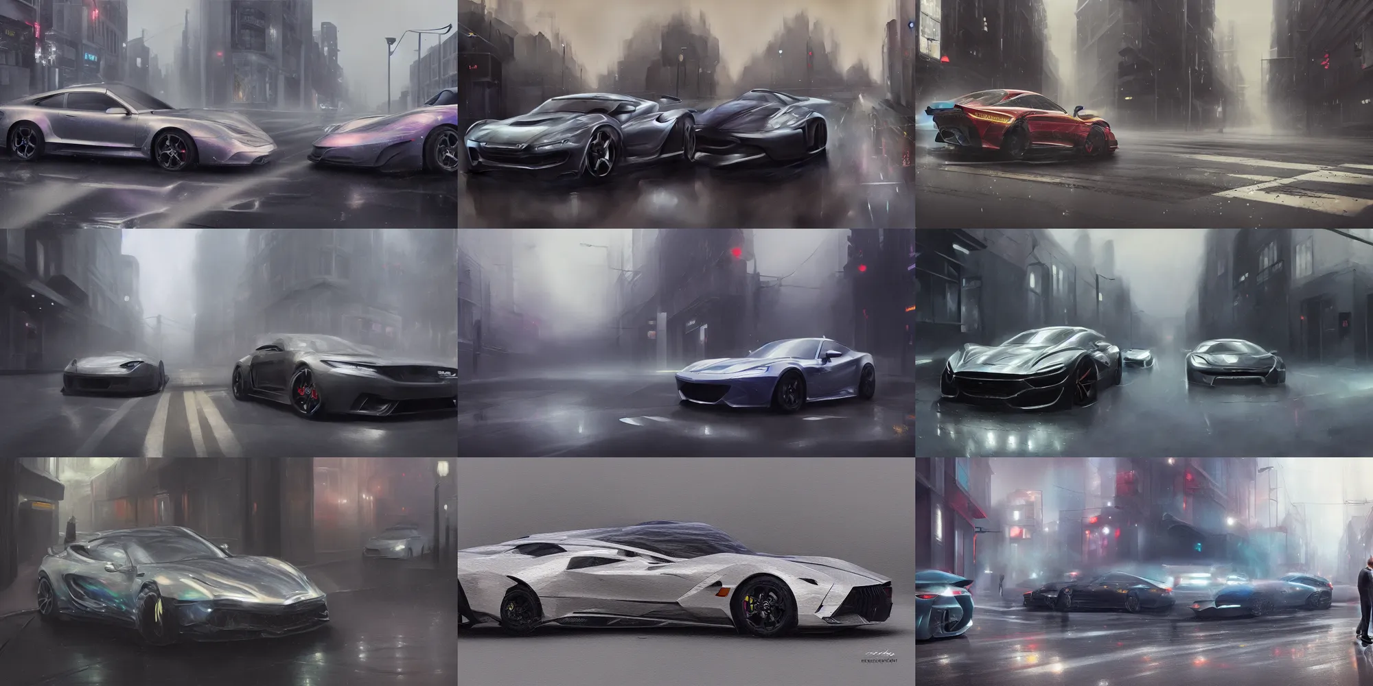 Prompt: full view of a sport car, in a detailed smoky wet street, painted in dark color holographic pearlescent, elegant, digital painting, concept art, smooth, sharp focus, art style from Wang Ke and Greg Rutkowski and Bruce Kaiser and Scott Robertson and Dmitry Mazurkevich and Doruk Erdem and Jon Sibal, small style cue from GTAV