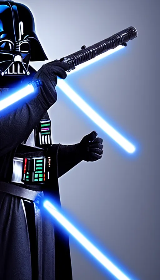 Image similar to A blue Darth Vader suit holding a blue lightsaber, 4k, dark background, 3d, full body,