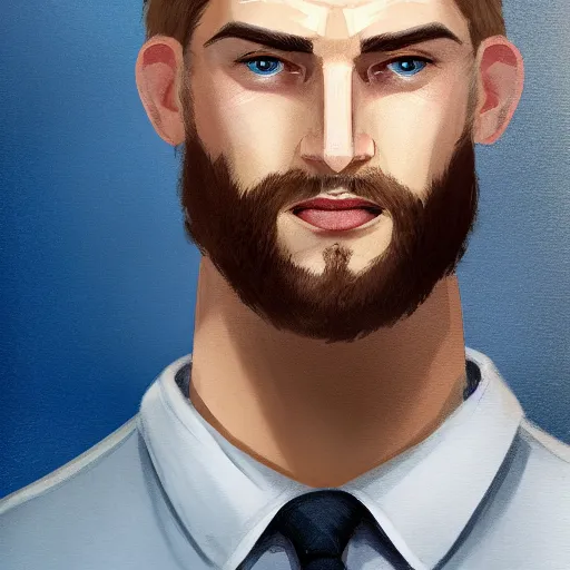 Image similar to tall chunky man in his twenties with brown blond short regular haircut and round facial structure with cleft chin, straight eyebrows, big grey blue eyes, grinning, slightly set back jaw, cheekbones, straight nose, wider face, shadow of beard, atmospheric lighting, painted, intricate, 4 k, highly detailed by charlie bowater