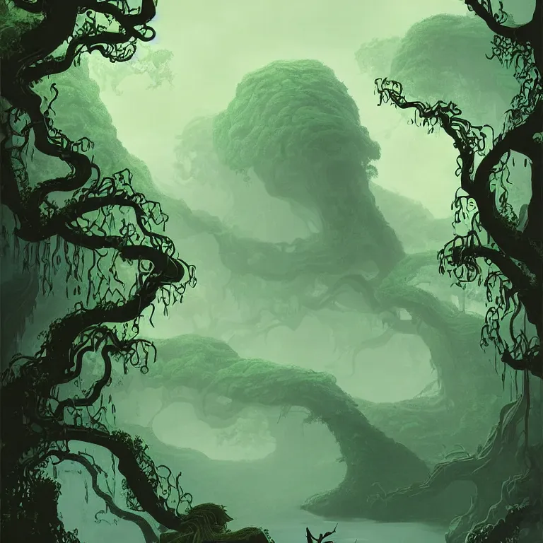 Image similar to concept art of a person in a body of water surrounded by trees, lush vines, a detailed matte painting by eyvind earle, featured on deviantart, fantasy art, matte painting, enchanting