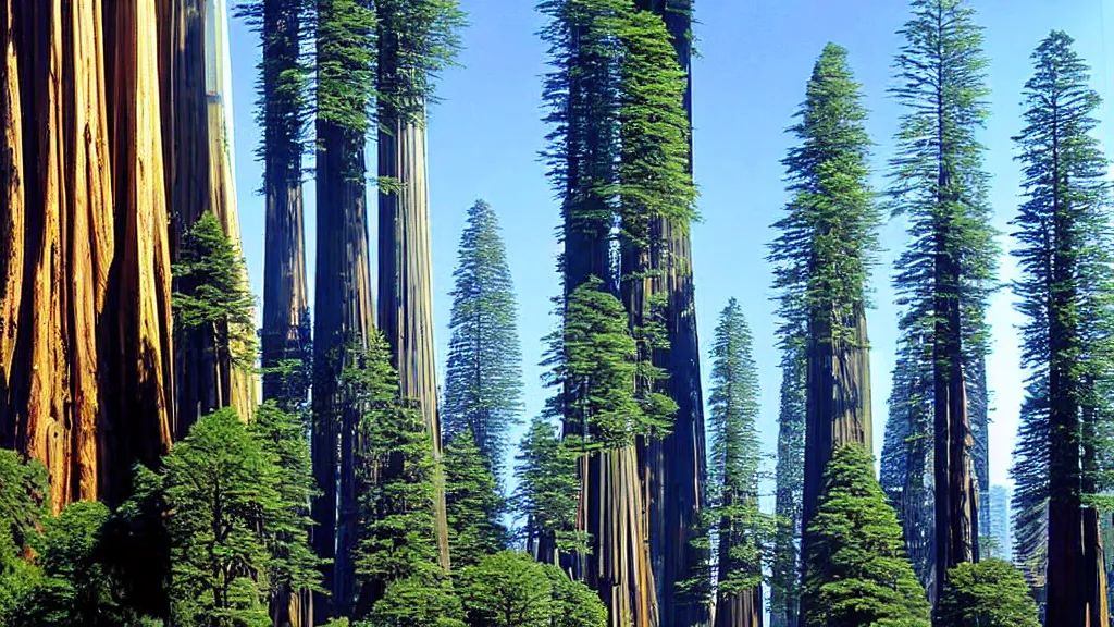 Image similar to Futuristic City in Harmony with Nature(Redwood Trees) by bruce mccall and Klaus Bürgle; Location: San Francisco, California;