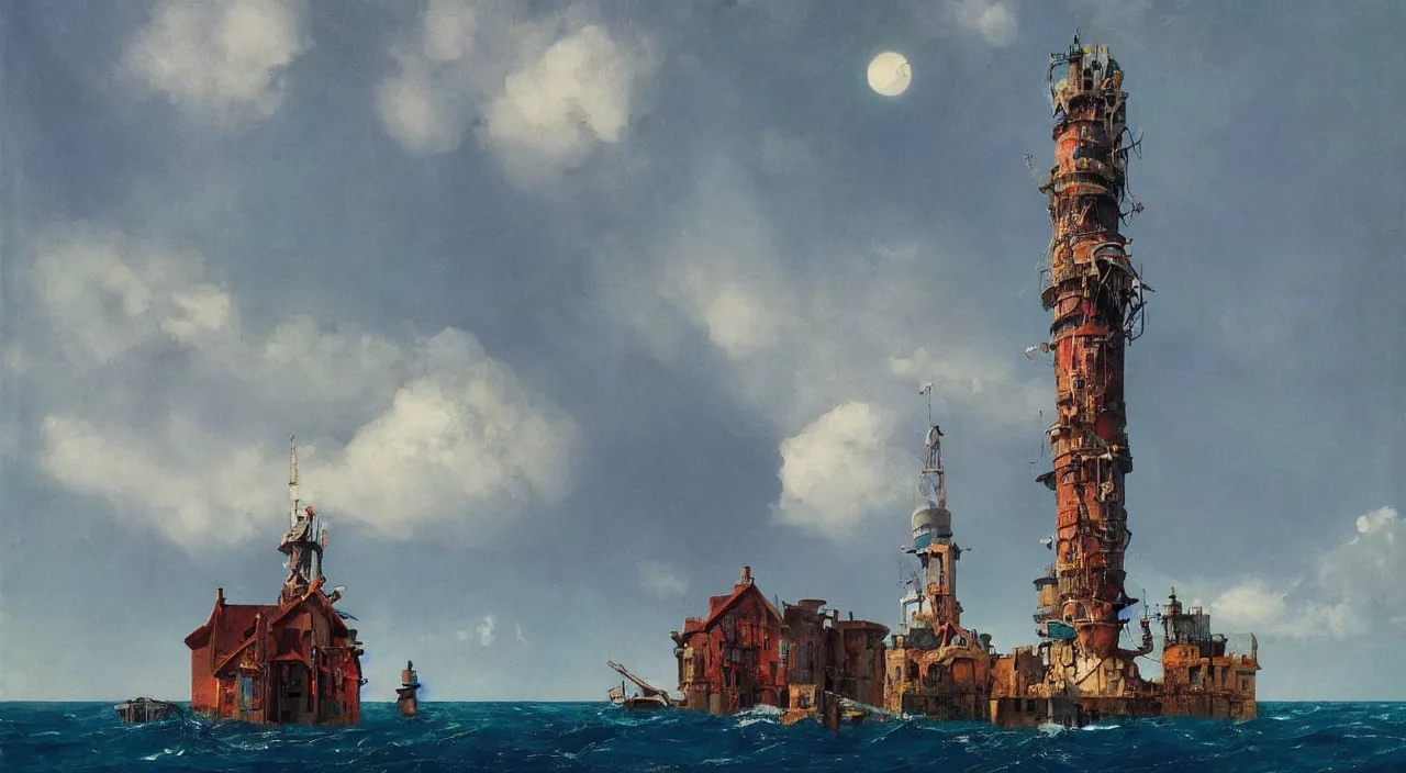 Prompt: single flooded tower in the middle of the ocean, very coherent and colorful high contrast!! painting by simon stalenhag carl spitzweg rene magritte syd mead norman rockwell edward hopper james gilleard, dark shadows, sunny day, hard lighting, masterpiece