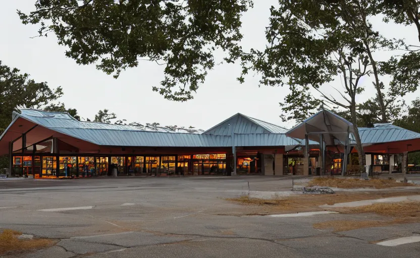 Image similar to exterior photo of the port byron travel plaza, a boring white a - frame build, depressing scene from being john malcovich film directed by charlie kaufman ( 2 0 0 1 ), moody cinematography and lighting, 2 4 mm anamorphic lens