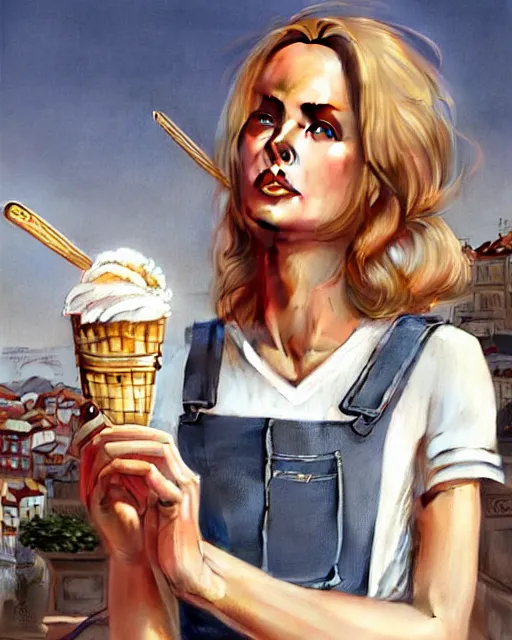 Prompt: portrait of a blonde barbara bach from the bond film wearing dungarees and eating ice creams in porto, real life skin, intricate, elegant, highly detailed, artstation, concept art, smooth, sharp focus, art by artgerm and greg rutkowski and alphonse mucha