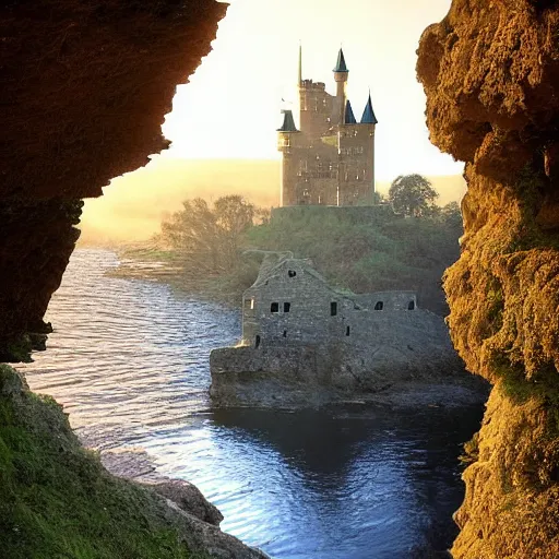 Prompt: dreamy castle on the other side of a stone chasm in the morning sunlight by Nathan Fowkes