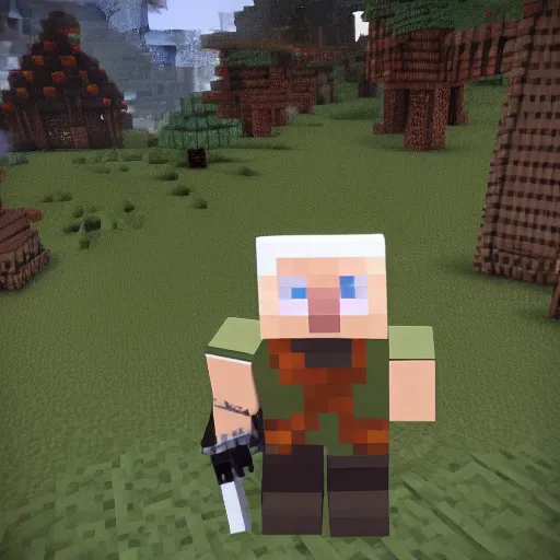 Image similar to geralt of rivia in minecraft