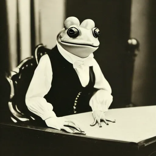 Image similar to 2 0 megapixels, aristocratic, vintage photo of an anthropomorphic perfect frog wearing a perfect suit sitting behind a perfect victorian desk, 1 9 4 0, professional photography, ultra detailed, beautiful, precise, close up