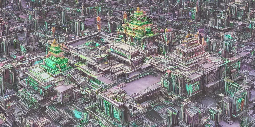 Image similar to A trending digital art of an aerial shot of a cyberpunk style grand Hindu temple in a futuristic city