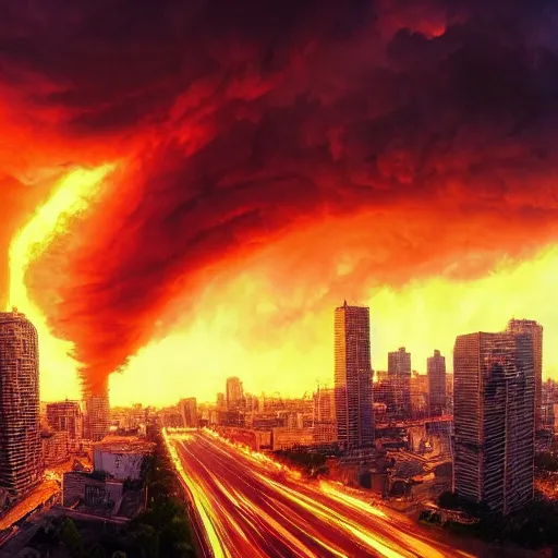 Image similar to photo of a giant fire tornado monster downtown, highly detailed, gettyimages, cinematic lighting, 4 k hd photo, trending on artstation, hyper realistic rendering photography, ultra wide angle, long shot, 8 k