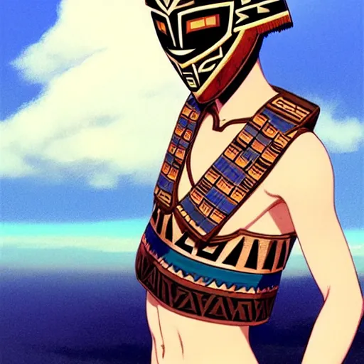 Image similar to beautiful boyish natalie portman alluring gravure model, wearing aztec wooden mask helmet cap and leotard, elegant bulky aztec football gear subtle mayan patterns, elegant aztec bathing suit, gapmoe yandere grimdark, trending on pixiv fanbox, painted by greg rutkowski makoto shinkai takashi takeuchi studio ghibli, akihiko yoshida