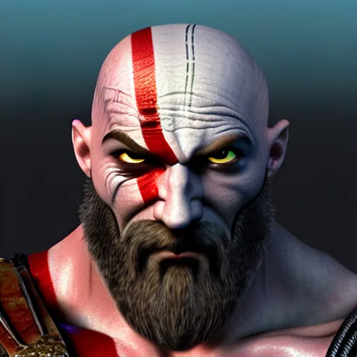 Prompt: Kratos has a chicken head, screenshot, volumetric lighting, high detail, 4k, warm toned gradient background