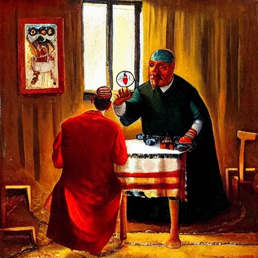 Prompt: painting by remus grecu, of fortune teller with crystal ball, and wealthy customer