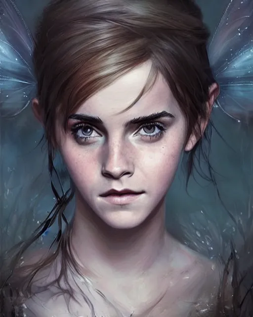 Image similar to emma watson as a fairy, hyper realistic face, beautiful eyes, fantasy art, in the style of greg rutkowski, intricate, hyper detailed, smooth