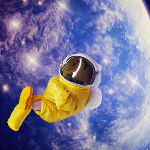 Prompt: A still of a little duckling dressed as an astronaut floating in space, 4k, photograph, photoreal, realistic, highly detailed, epic lighting, awar winning