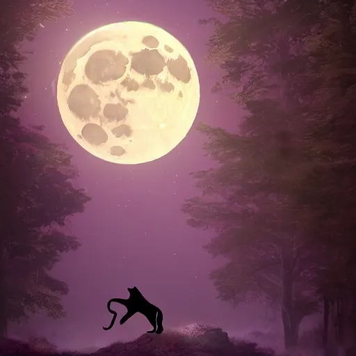 Image similar to a purple panther roaring at the moon in a forest during the night, large moon in the center. trending on artstation. cinematic. photoreal. dark colors. night.