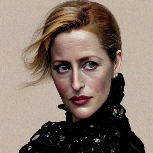 Prompt: Gillian Anderson (1999) wearing epic haute couture by Alexander McQueen, extremely beautiful and proportionate face, in the aesthetic of mert and marcus, masterpiece, intricate, elegant wardrobe, highly detailed, digital painting, artstation, concept art, smooth, sharp focus, illustration, art by artgerm and james jean and greg rutkowski and alphonse mucha