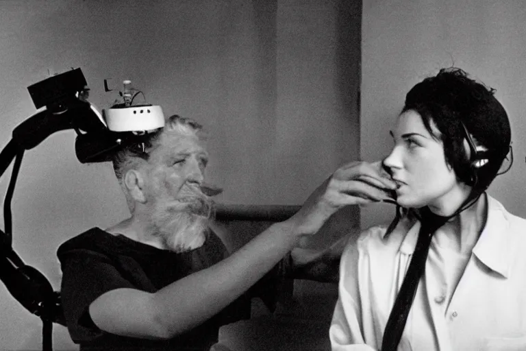 Prompt: a cinematic black and white image of an anthropomorphic robot measuring a human ear, a film by david lynch