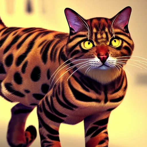 Image similar to a bengal cat with weapons attached, unreal engine, insanely detailed, intricate, elegant, artstation