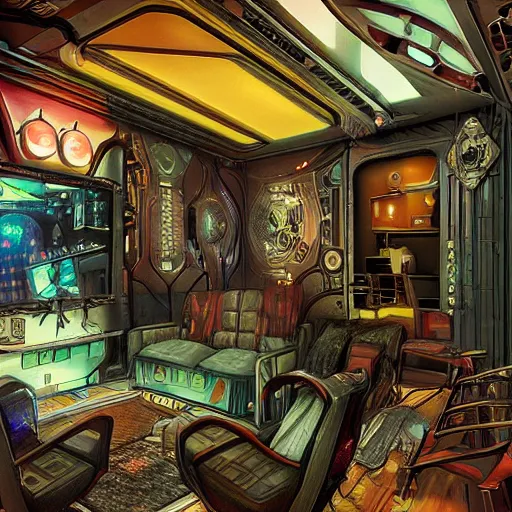 Image similar to cyberpunk art nouveau living space inspired by the movie Bladerunner