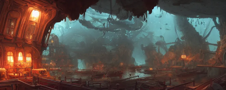 Prompt: a beautiful detailed matte painting of underwater museum by aertsen pieter, by alejandro burdisio, by greg tocchini, by james gilleard, dynamic lighting, bioluminescence, vibrant, clean, ultra detailed, sharp, digital detailed environment, octane render, cgsociety, 8 k hdr, artstation