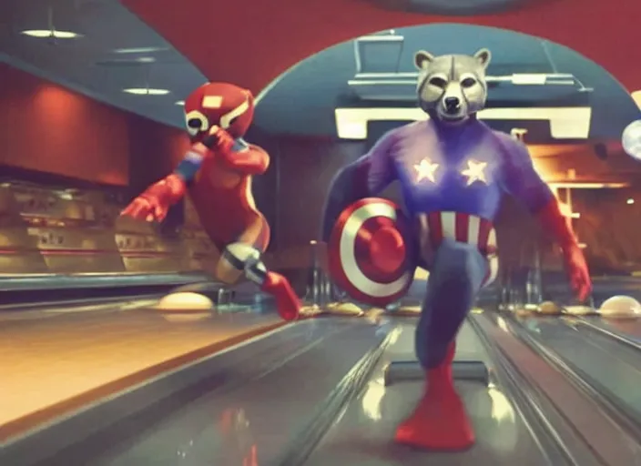 Image similar to film still of Rocket Racoon goes bowling in the new Avengers movie, 4k