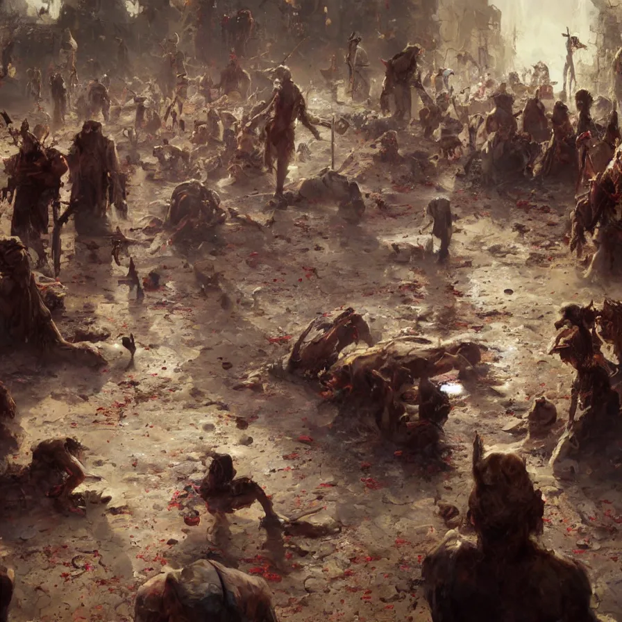 Prompt: digital art painting of dozens of shocked horrified people looking down, surrounding a corpse over a blood puddle painted by craig mullins and gaston bussiere and greg rutkowski