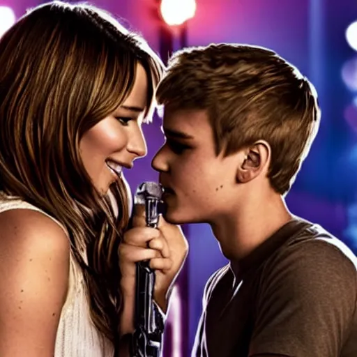 Image similar to Promo picture of Jennifer Lawrence and Justin Bieber in Star is Born remake (2029)