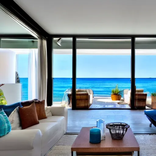 Prompt: beautiful beach view from a modern luxury livingroom