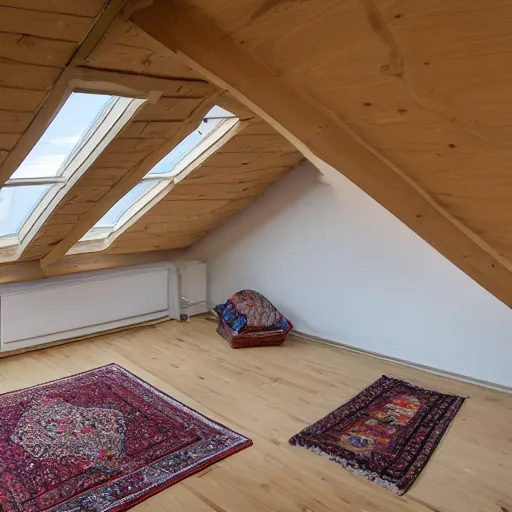 Image similar to 1.7 metre high attic, with matte white angled ceiling, with 2 windows opposing each other, with a large square window in the back right corner of the room, with exquisite turkish and persian rugs on the polished plywood floor, XF IQ4, 150MP, 50mm, F1.4, ISO 200, 1/160s, natural light
