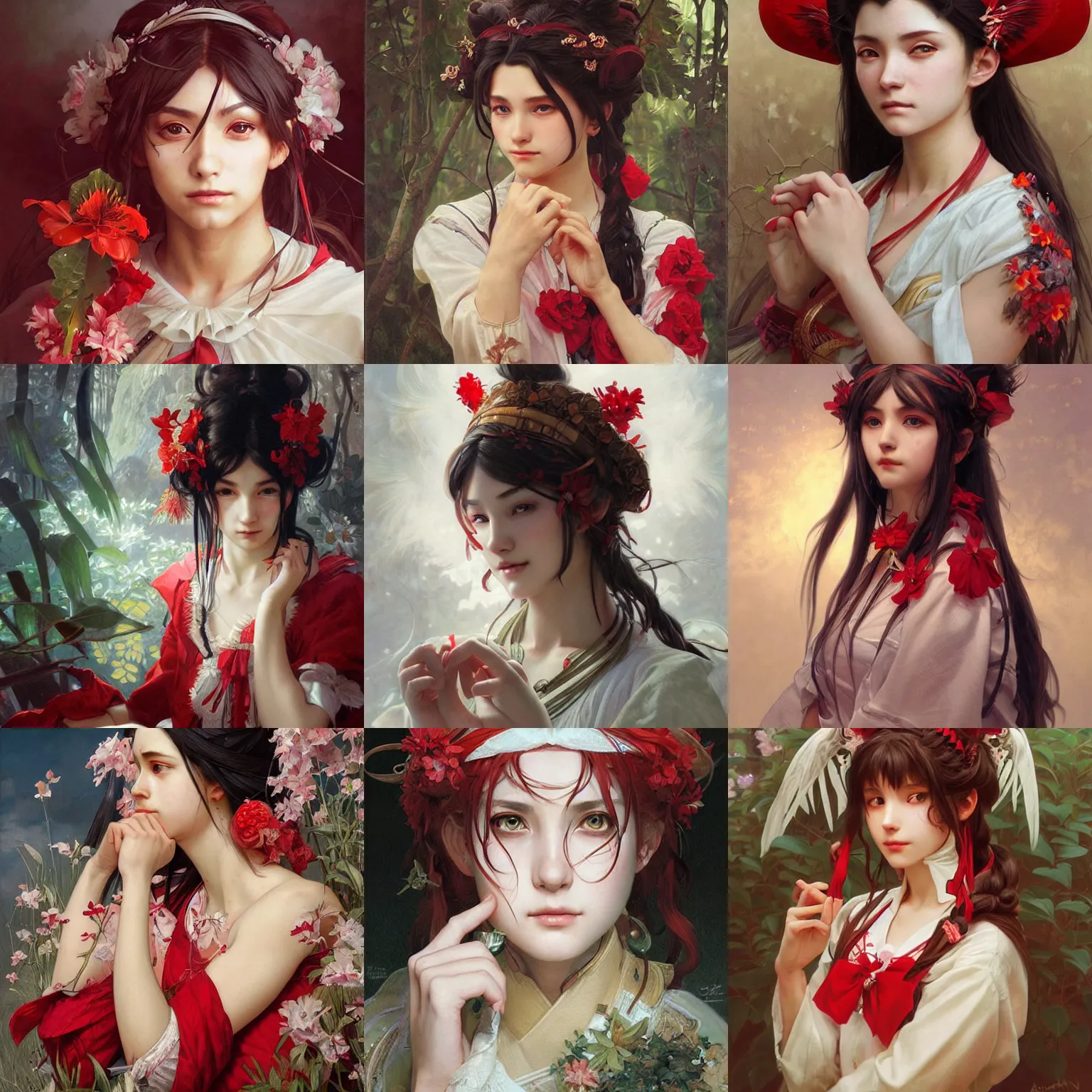 Prompt: a masterpiece portrait painting of reimu hakurei, ultra realistic, concept art, intricate details, eerie, highly detailed, photorealistic, art by artgerm and greg rutkowski and alphonse mucha