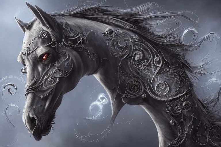 Image similar to a wlop 3 d render of very very very very highly detailed beautiful mystic portrait of a phantom undead horse with whirling galaxy around, tattoos by anton pieck, intricate, extremely detailed, digital painting, artstation, concept art, smooth, sharp focus, illustration, intimidating lighting, incredible art,